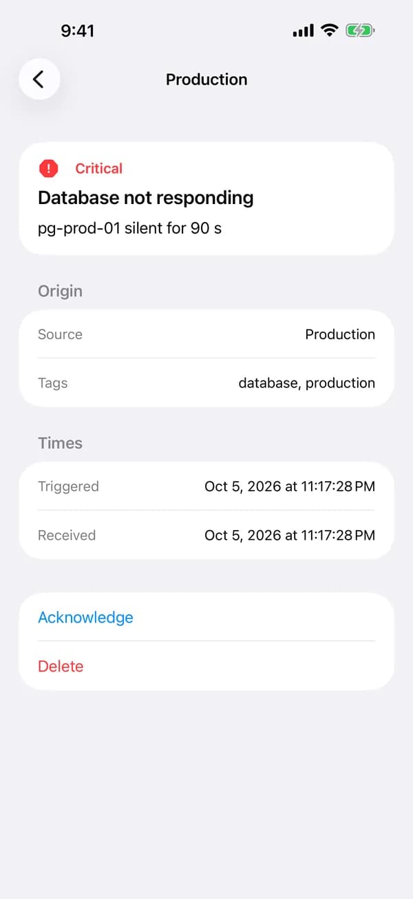 Alert detail in the PagerDeck app: database not responding with source, tags, times and acknowledge.