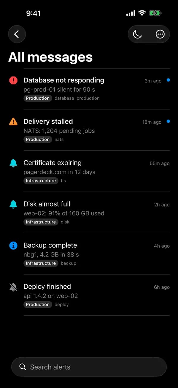 The PagerDeck app on an iPhone: a list of alerts, from a database outage to a finished deploy.