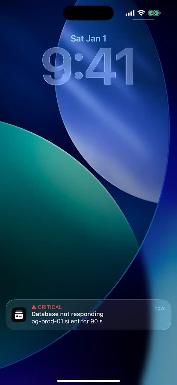 iPhone lock screen with the critical notification Database not responding: pg-prod-01 without response for 90 s.