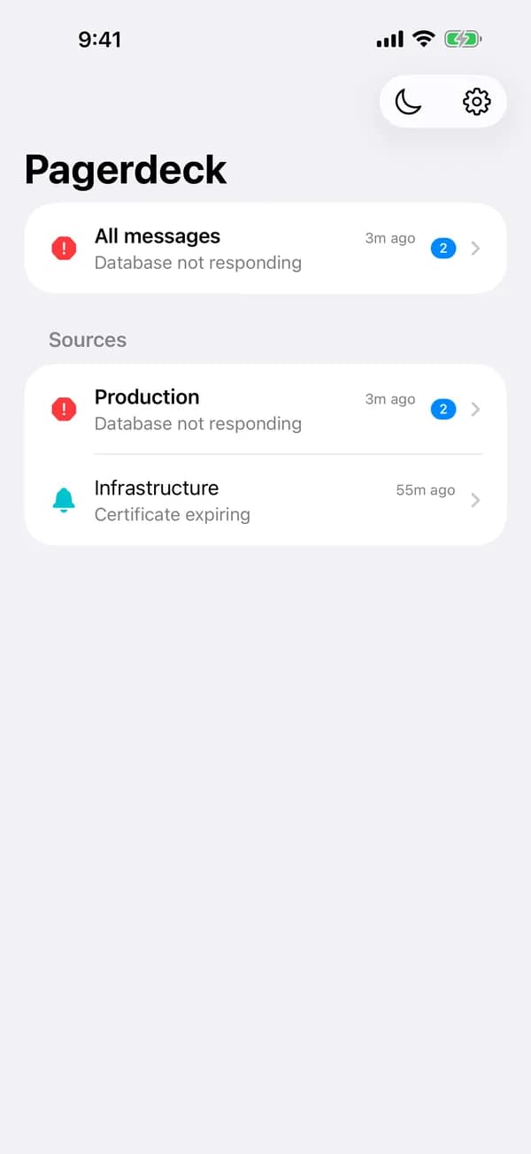 The PagerDeck app with the source Production and its latest alert.